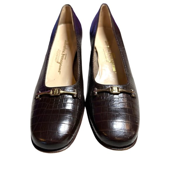 Salvador Ferragamo Brown Crocodile Print Horsebit Slip On Heels 9B - Picture 9 of 15